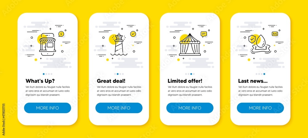 Fototapeta premium Vector set of Marketplace, Lighthouse and Circus tent line icons set. UI phone app screens with line icons. Flood insurance icon. Online shop, Searchlight tower, Attraction park. Full coverage. Vector