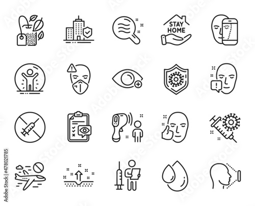 Vector set of No vaccine, Mint bag and Electronic thermometer line icons set. Coronavirus protection, Cancel flight and Medical mask icons. No vaccine web symbol. Vector