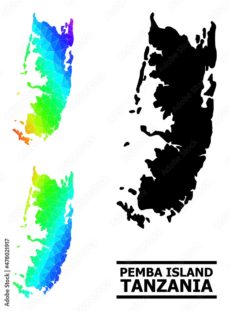 Obraz premium Vector lowpoly spectral colored map of Pemba island with diagonal gradient. Triangulated map of Pemba island polygonal illustration.