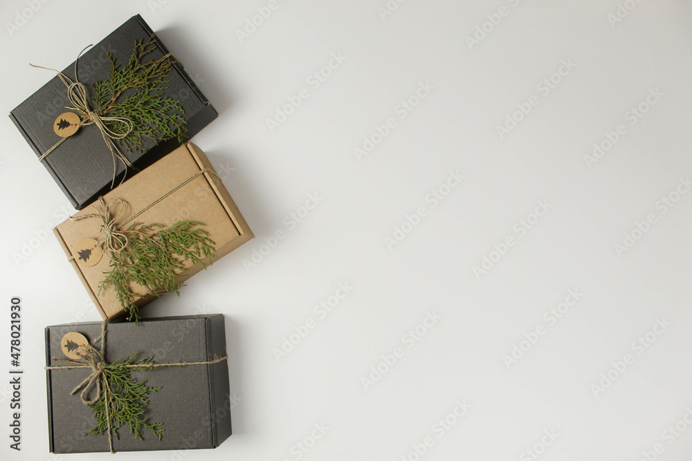 Fototapeta premium Christmas gift box. New Year, Christmas, holiday. View from above. Box on white background