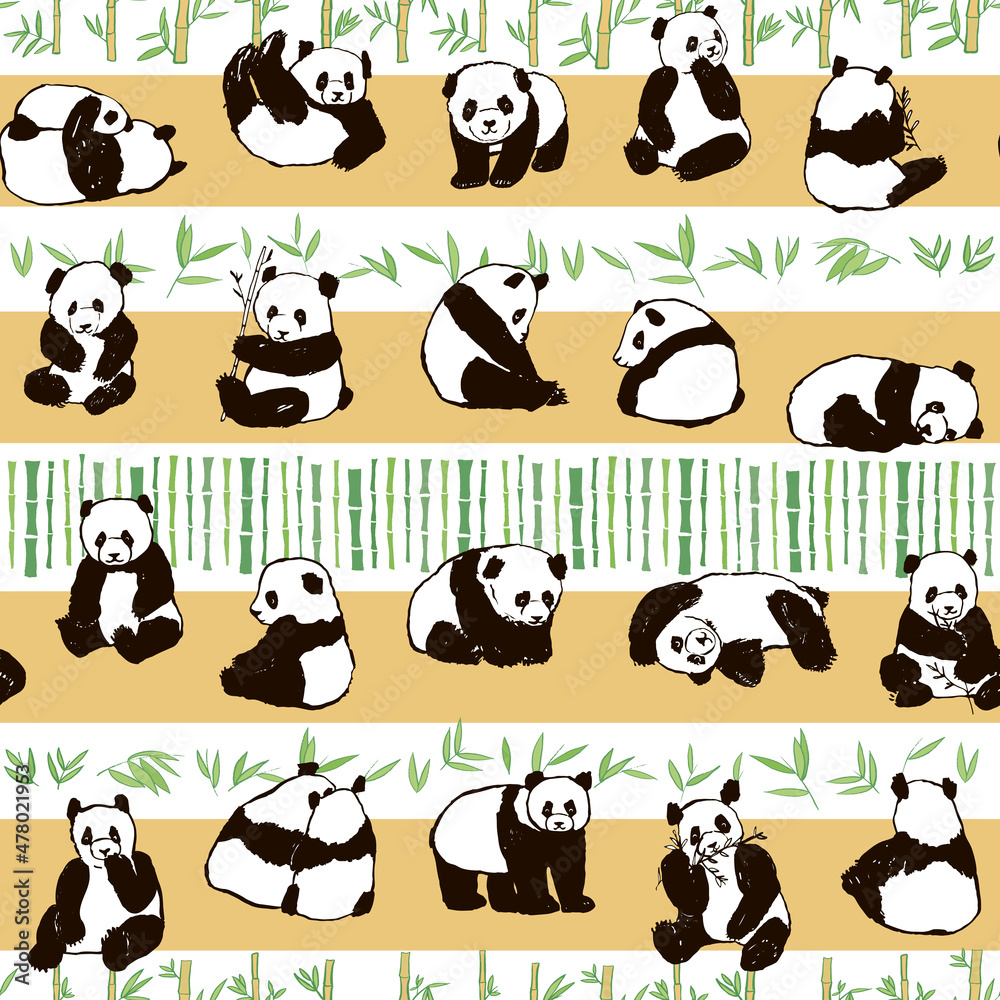 Naklejka premium Panda animal vector seamless striped pattern