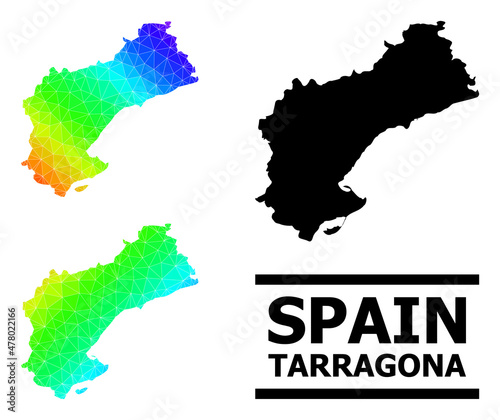 Vector low-poly spectral colored map of Tarragona Province with diagonal gradient. Triangulated map of Tarragona Province polygonal illustration.