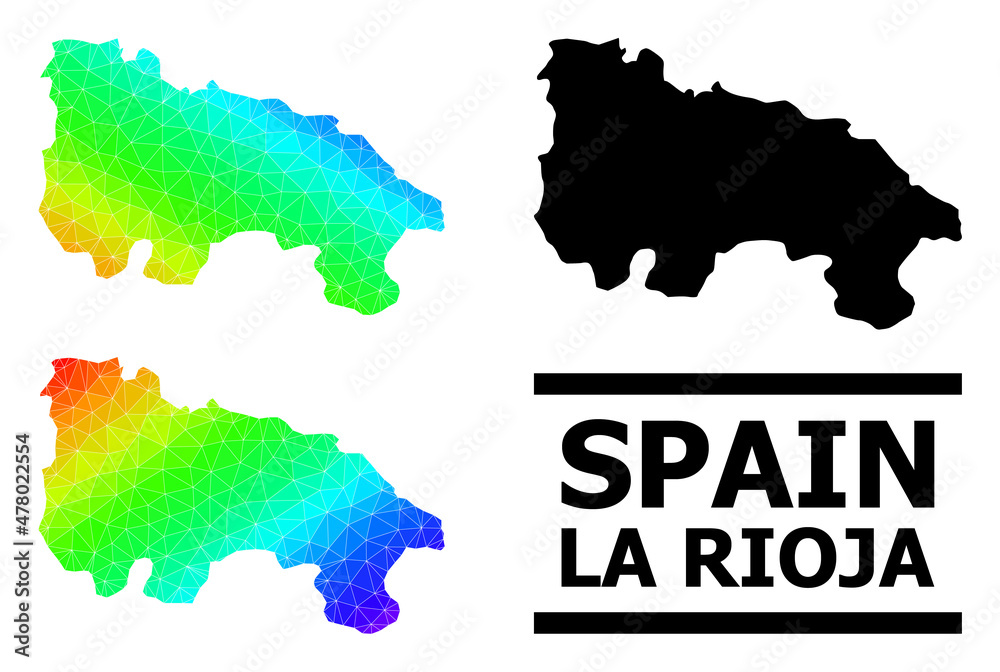 Vector low-poly rainbow colored map of La Rioja Spanish Province with diagonal gradient. Triangulated map of La Rioja Spanish Province polygonal illustration.