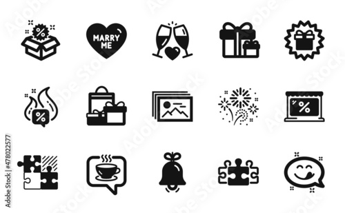 Vector set of Wedding glasses, Marry me and Surprise gift icons simple set. Sale, Market and Bell icons. Hot offer, Yummy smile and Coffee signs. Wedding glasses simple web symbol. Vector