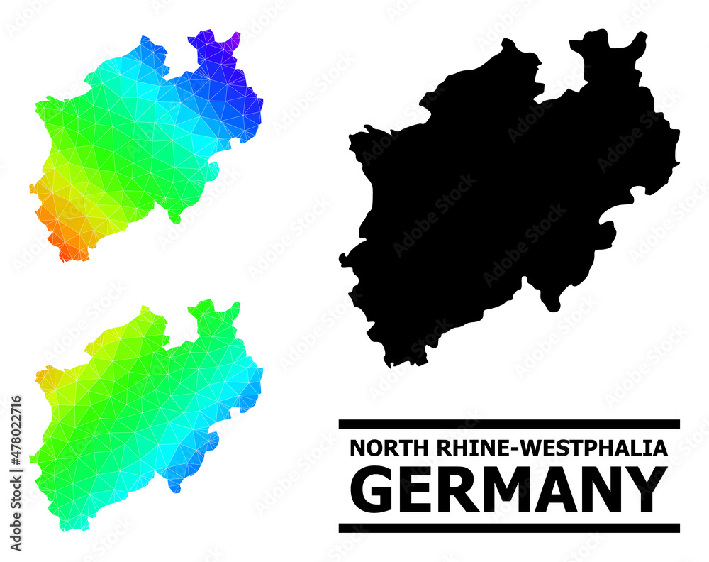 Vector low-poly spectrum colored map of North Rhine-Westphalia State with diagonal gradient. Triangulated map of North Rhine-Westphalia State polygonal illustration.