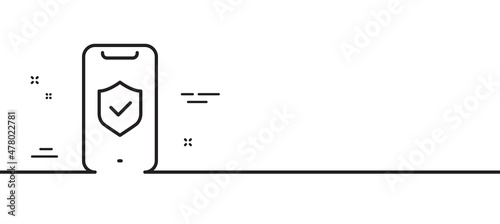 Phone protection line icon. Cyber defence sign. Security shield symbol. Minimal line illustration background. Phone protection line icon pattern banner. White web template concept. Vector