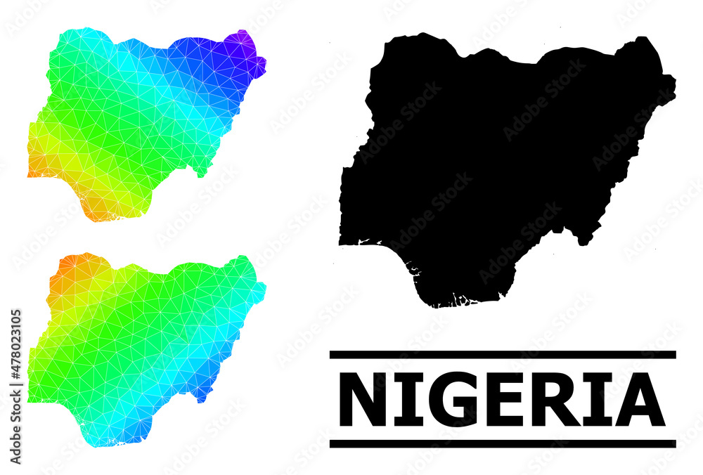 Vector lowpoly rainbow colored map of Nigeria with diagonal gradient. Triangulated map of Nigeria polygonal illustration.