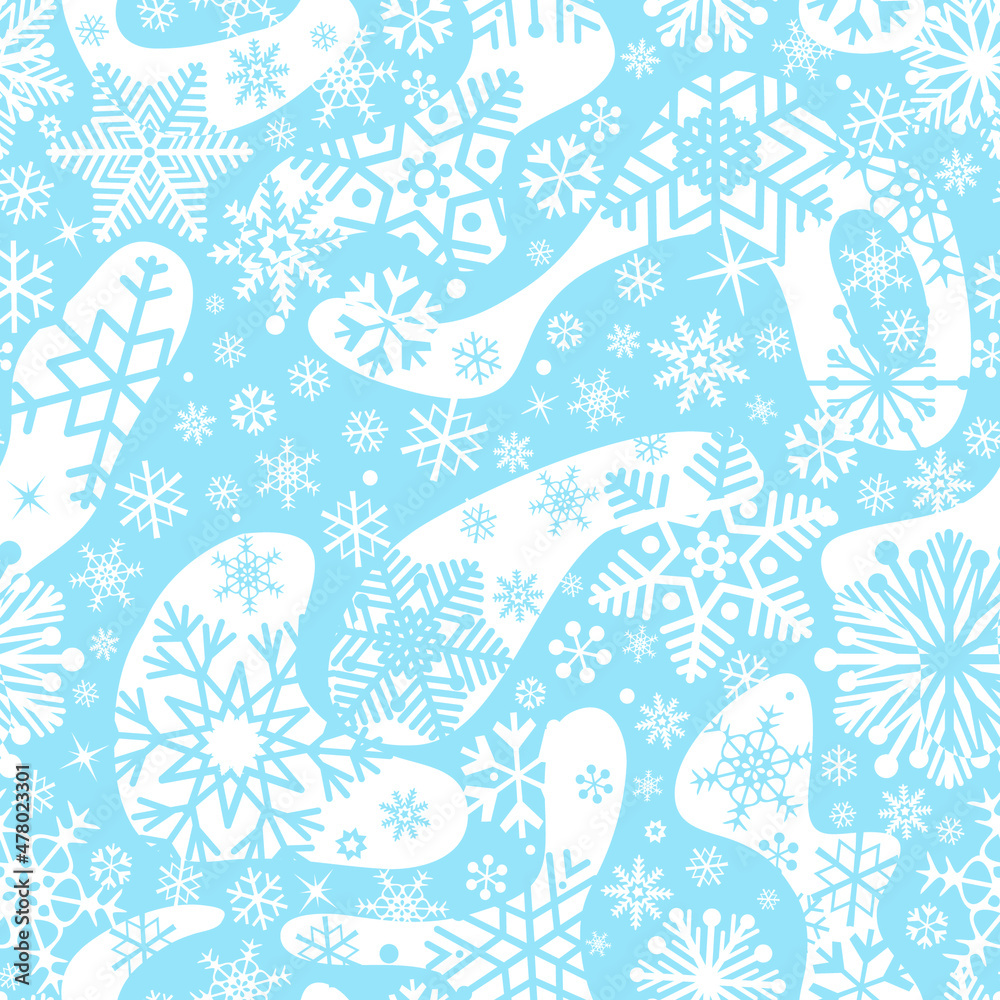 Snow seamless pattern. Abstract floral winter pattern with dots and snowflakes. Ornamental flourish seasonal drawn texture. Winter holiday backdrop with chaotic flowing dots. Artistic stylish tiled  b