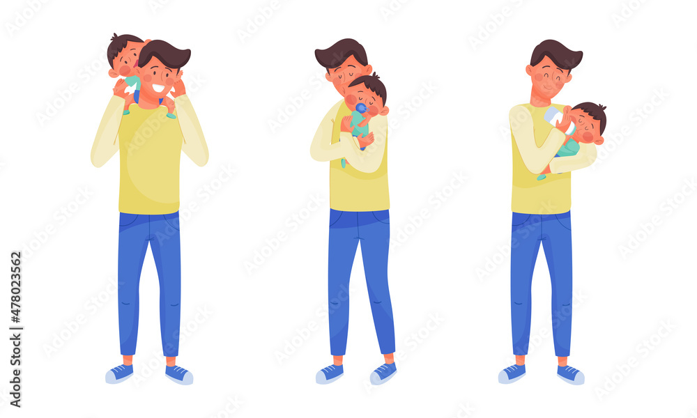 Daddy caring for his little son set. Father hugging and playing with toddler baby vector illustration Daddy caring for his little son set. Father hugging and playing with toddler baby vector illustration