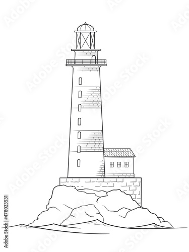 Drawing of classic lighthouse building - black and white illustration