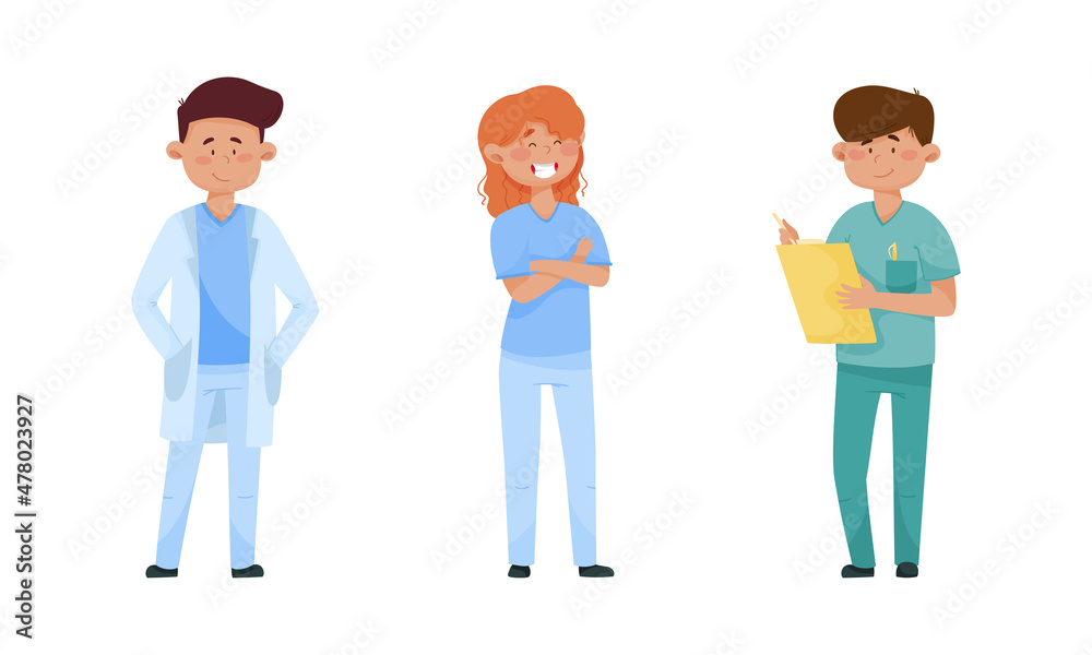 Smiling Man and Woman Doctor with Clipboard Wearing Medical Uniform Vector Set