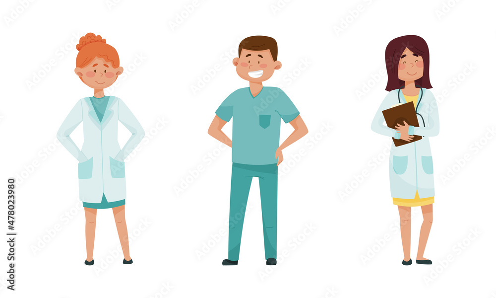Smiling Man and Woman Doctor with Stethoscope Wearing Medical Uniform Vector Set
