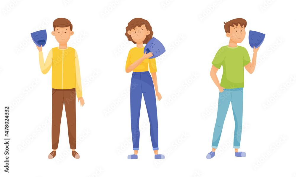 Young Man and Woman Holding Emotion Mask Hiding Personality or Individuality Vector Set Young Man and Woman Holding Emotion Mask Hiding Personality or Individuality Vector Set