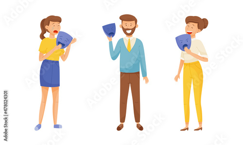 Young Man and Woman Holding Emotion Mask Hiding Personality or Individuality Vector Set