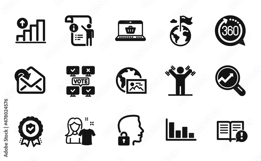 Vector set of Online shopping, Online voting and Manual doc icons simple set. Clean shirt, Graph chart and Unlock system icons. Facts, Insurance medal and Destination flag signs. Vector Vector set of Online shopping, Online voting and Manual doc icons simple set. Clean shirt, Graph chart and Unlock system icons. Facts, Insurance medal and Destination flag signs. Vector