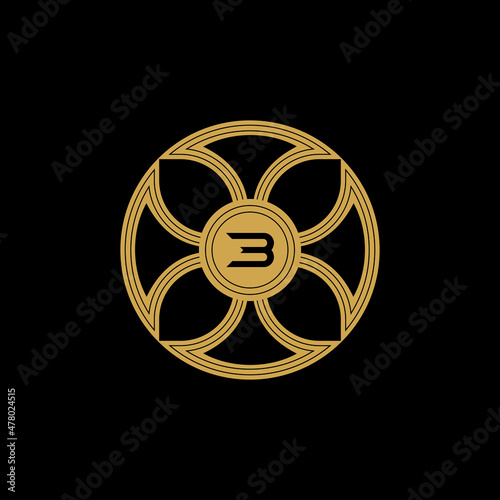 Initial Letter B Logo. Black Letter B Monogram with Gold Leaf Ornament Frame Isolated on Black Background. Design Vector Illustration