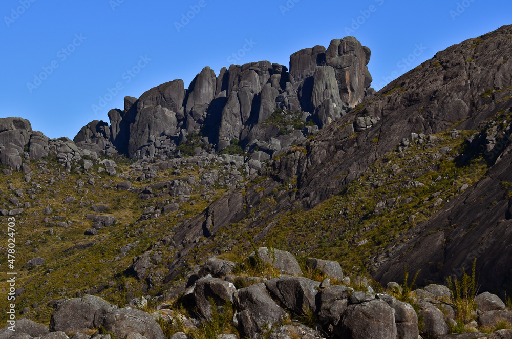 The huge granite boulders of the Pico das Prateleiras mountain (2.539m), in the high sector of Itatiaia National Park, Rio de Janeiro state, Brazil	