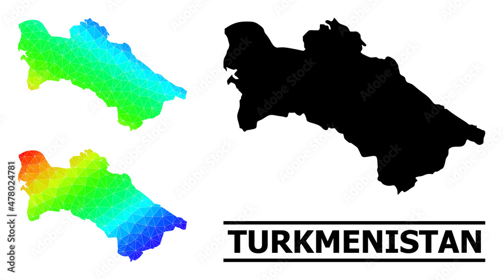 Vector lowpoly spectrum colored map of Turkmenistan with diagonal gradient. Triangulated map of Turkmenistan polygonal illustration.