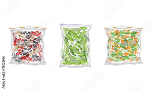 Frozen Green Pea Pod and Berry Prepackaged and Ready to Culinary Use Vector Set