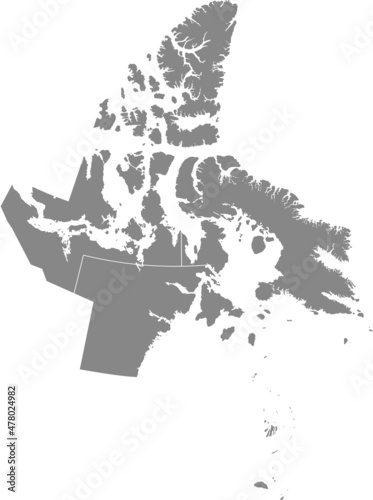 Gray flat blank vector administrative map of the regions of Canadian territory of NUNAVUT, CANADA with white border lines of its regions
