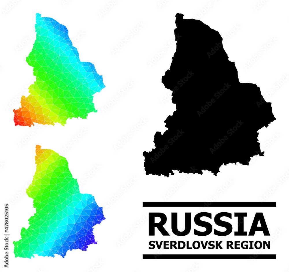 Vector lowpoly rainbow colored map of Sverdlovsk Region with diagonal gradient. Triangulated map of Sverdlovsk Region polygonal illustration.