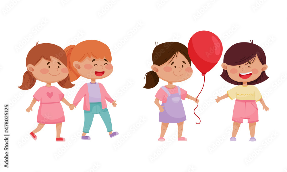 Friendly Little Kids Holding Hands and Sharing Toy Balloon Vector Set Friendly Little Kids Holding Hands and Sharing Toy Balloon Vector Set