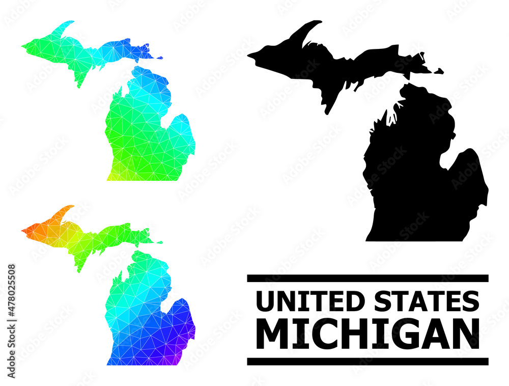 Vector low-poly rainbow colored map of Michigan State with diagonal gradient. Triangulated map of Michigan State polygonal illustration.