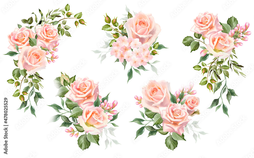 Set of watercolor rose flower bouquet. Blush floral illustration for stationery, wedding invitation, greeting card, blog decoration.