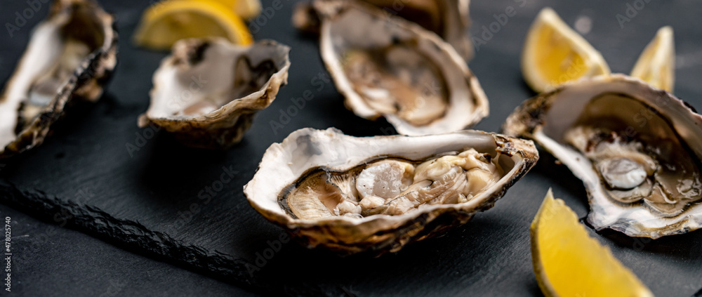 Oysters with lemon on platter Oysters with lemon on platter