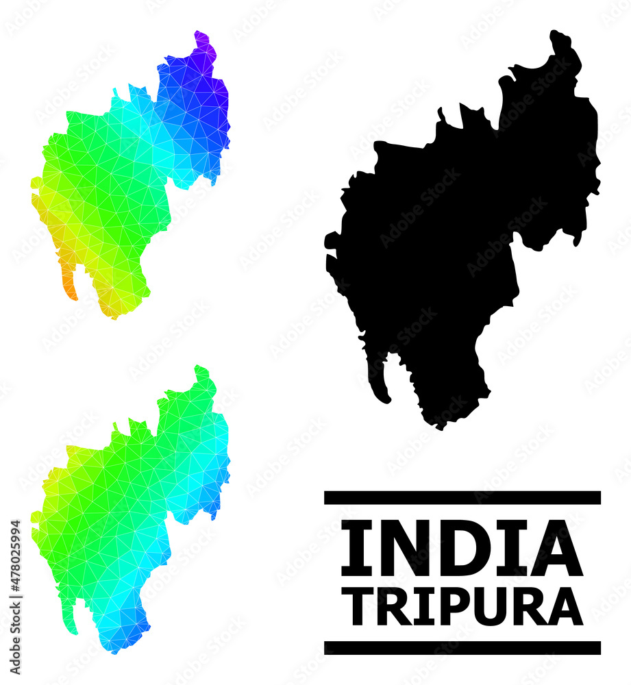 Vector lowpoly spectrum colored map of Tripura State with diagonal gradient. Triangulated map of Tripura State polygonal illustration.