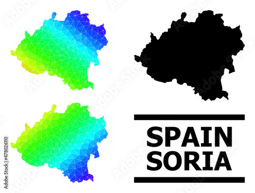 Vector lowpoly spectral colored map of Soria Province with diagonal gradient. Triangulated map of Soria Province polygonal illustration.
