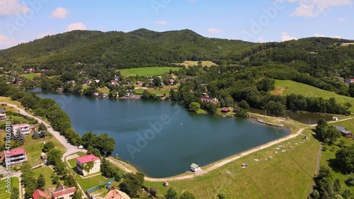 Aerial view of a lake in the village of Bansky Studenec in Slovakia photo