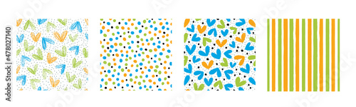 Set with 4 seamless patterns. Vector backgrounds with hearts, stripes and polka dots. Great for fabric, baby, Valentine's Day, Mother's Day, wedding, scrapbook, surface textures.
