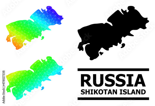 Vector lowpoly spectral colored map of Shikotan Island with diagonal gradient. Triangulated map of Shikotan Island polygonal illustration.