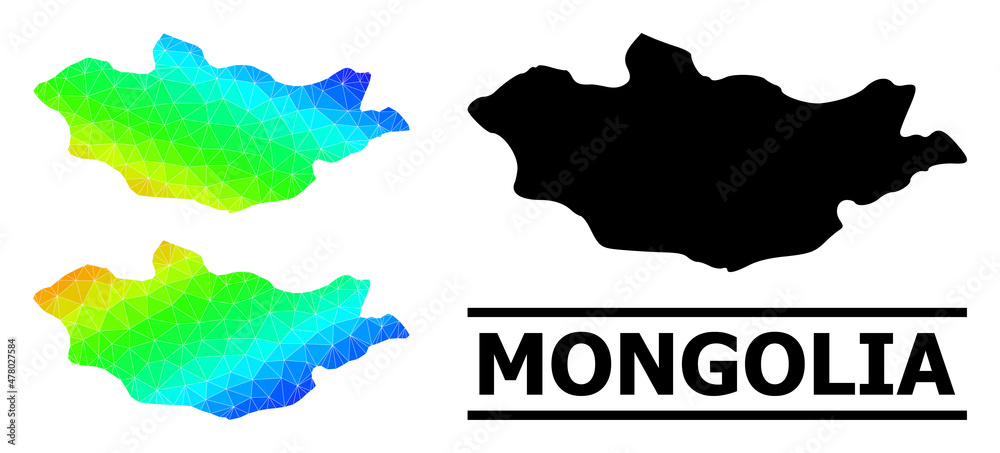 Vector lowpoly spectrum colored map of Mongolia with diagonal gradient. Triangulated map of Mongolia polygonal illustration.