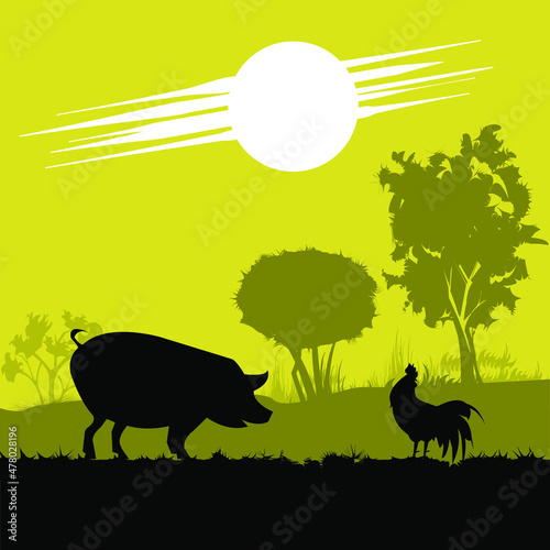 Farm-Nutztiere Silhouetten einzeln auf dem Feld, Sonnenuntergang. Symbole für Schwein und Huhn