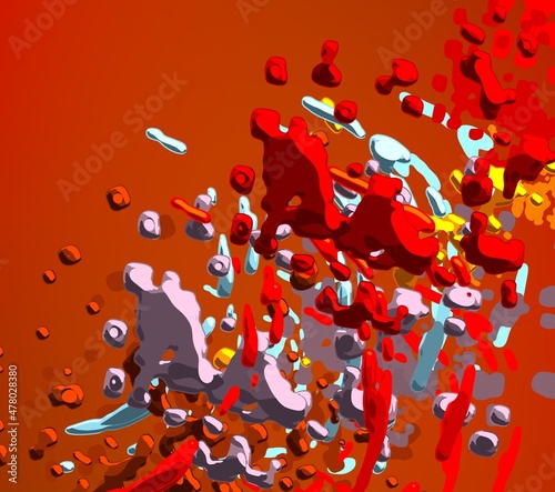 Cartoon water liquid particles droplets. Abatract painting. 2d illustration. Frozen motion small particle molecules.