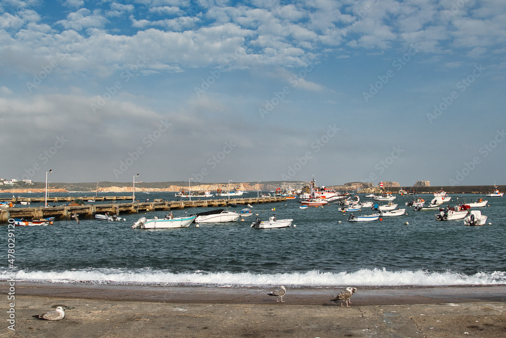 The fishing harbour of Sagres, Algarve, Portugal, with a long pier and protected by a huge sea wall. A couple of seagulls in de foreground
