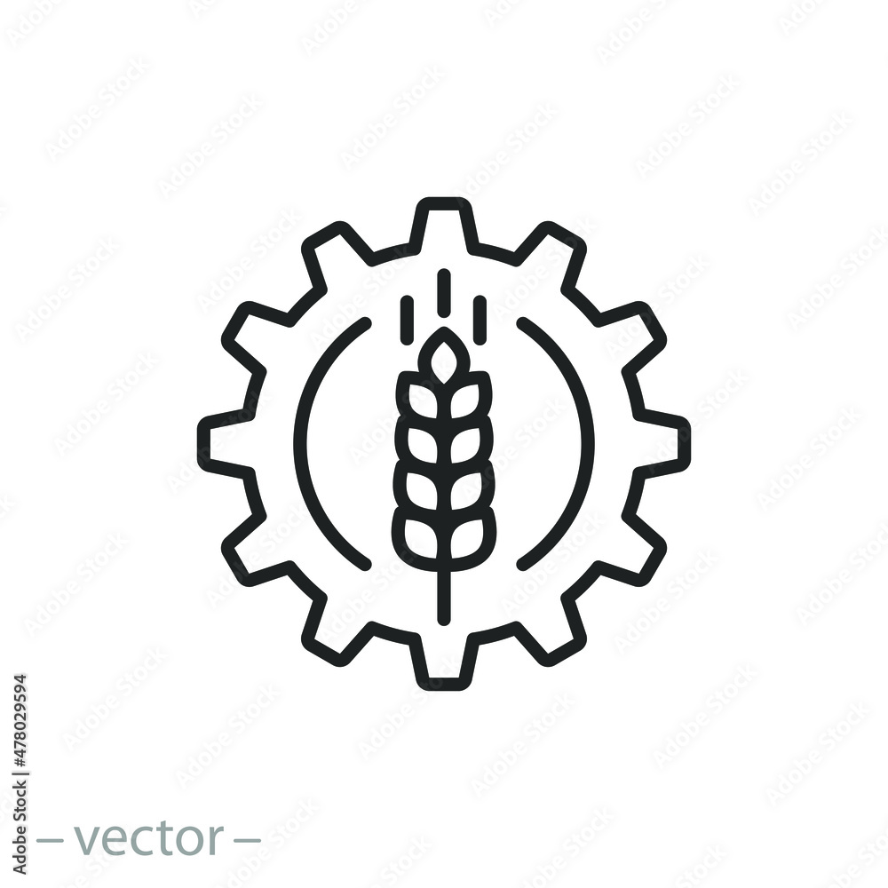 farming industry icon, agriculture engineering, wheat with gear, food production, thin line symbol on white background - editable stroke vector illustration