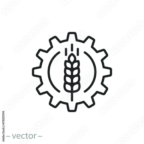 farming industry icon, agriculture engineering, wheat with gear, food production, thin line symbol on white background - editable stroke vector illustration