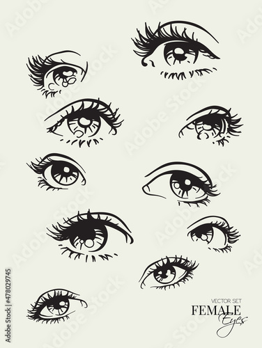 Linear female eyes set. Woman face sketch. Volume eyelashes makeup