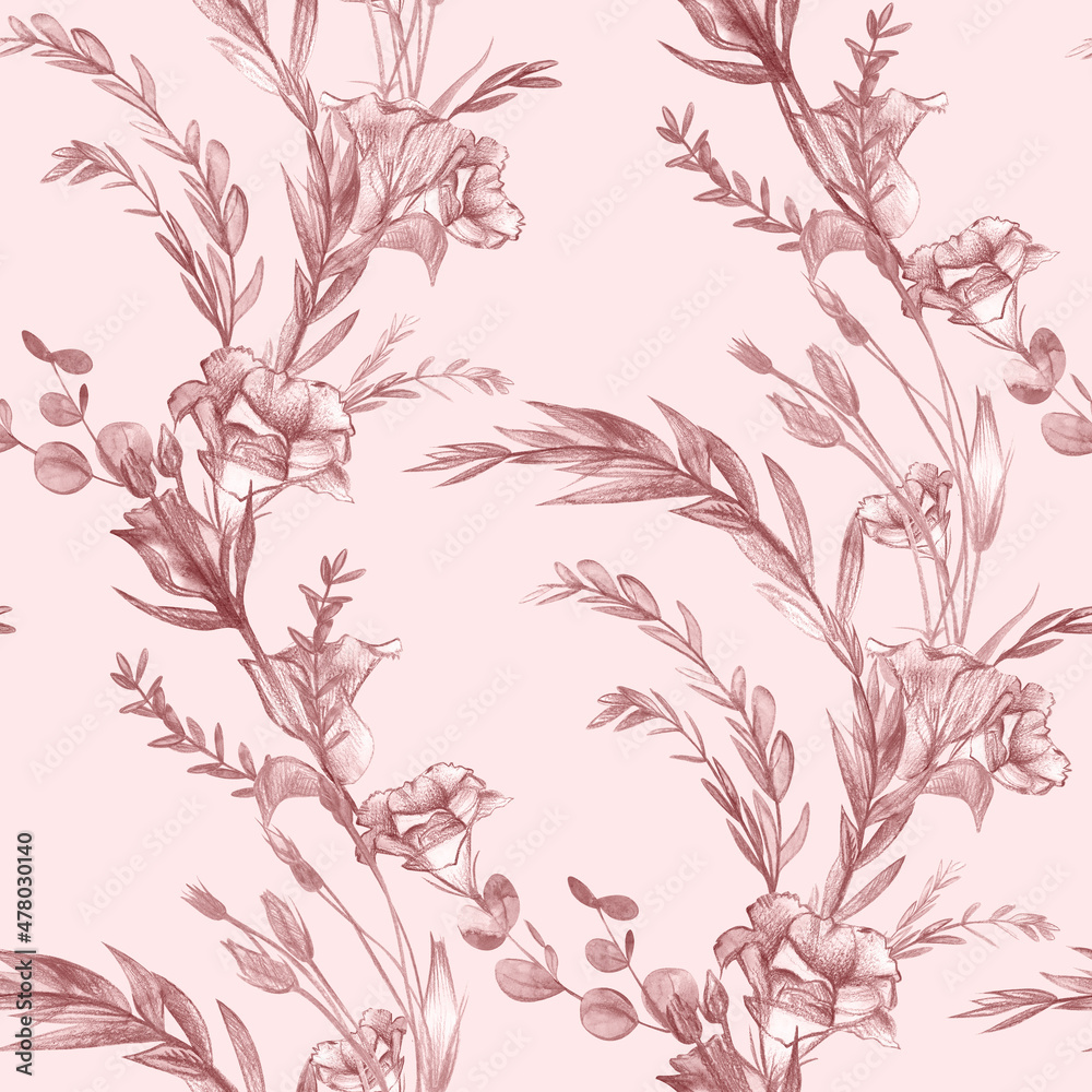 Floral monochrome pattern in pastel colors with vintage hydrangea bouquet for surface and textile design. Seamless retro print drawn with a pencil in delicate peach and brown shades