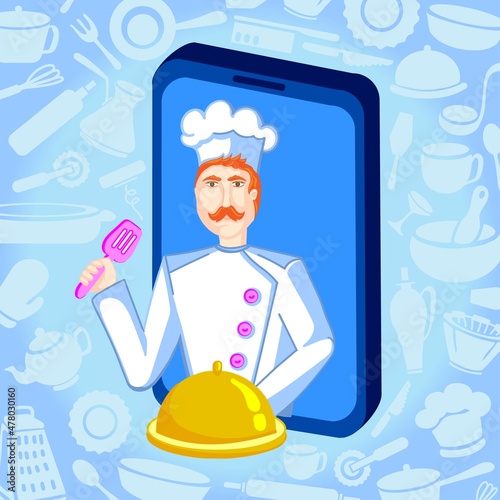 kitchen horizontal banner with a cook  hurrying to deliver the order. Modern solutions to pressing problems, caused by the covid-19 pandemic. Virtual restaurants and dark kitchen...