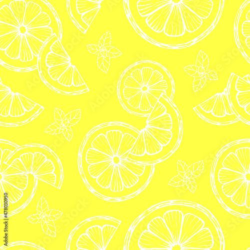 hand drawn seamless yellow pattern contour of lemon slices and mint leaves