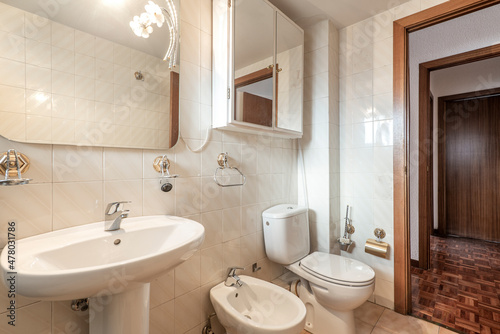 Toilet with toilet and bidet  cabinet with mirror and vintage mirror