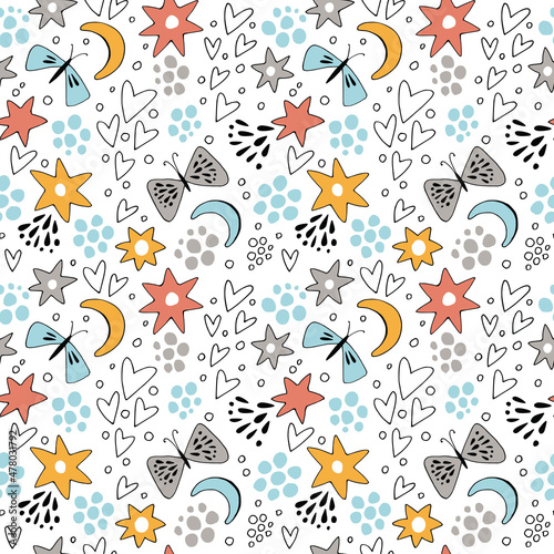 Seamless background with butterflies, stars and hearts.