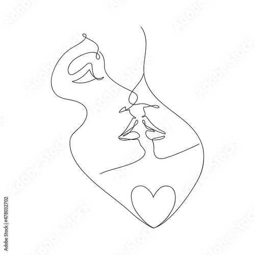 Two kissing beautiful women drawn by one line. Romantic sketch. Continuous line drawing kissing lesbians. Minimalism. Modern abstract art. Vector illustration.