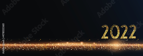 2022 Glittering New Year Card, Festive Sparkling Gold Background, Horizontal banner