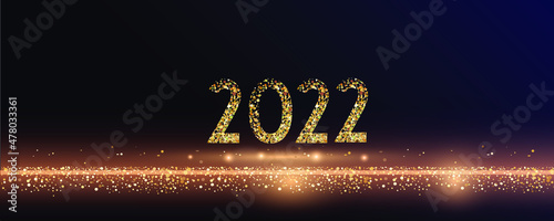 2022 Glittering New Year Card, Festive Sparkling Gold Background, Horizontal banner