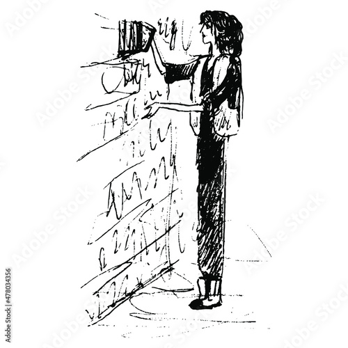 Woman in a library taking a book from shelf. Hand drawn linear doodle rough sketch. Black silhouette on white background.